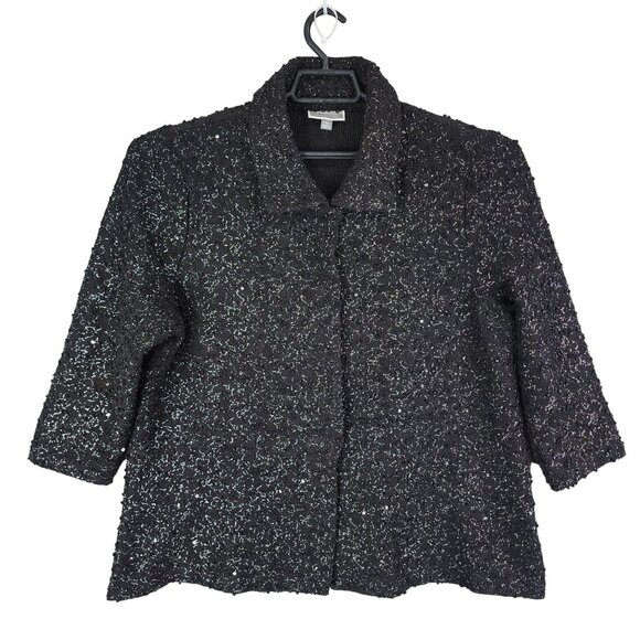 Womens JM Collection Textured Black Sequin Jacket Button Down 3/4 Sleeve XL - Picture 1 of 11
